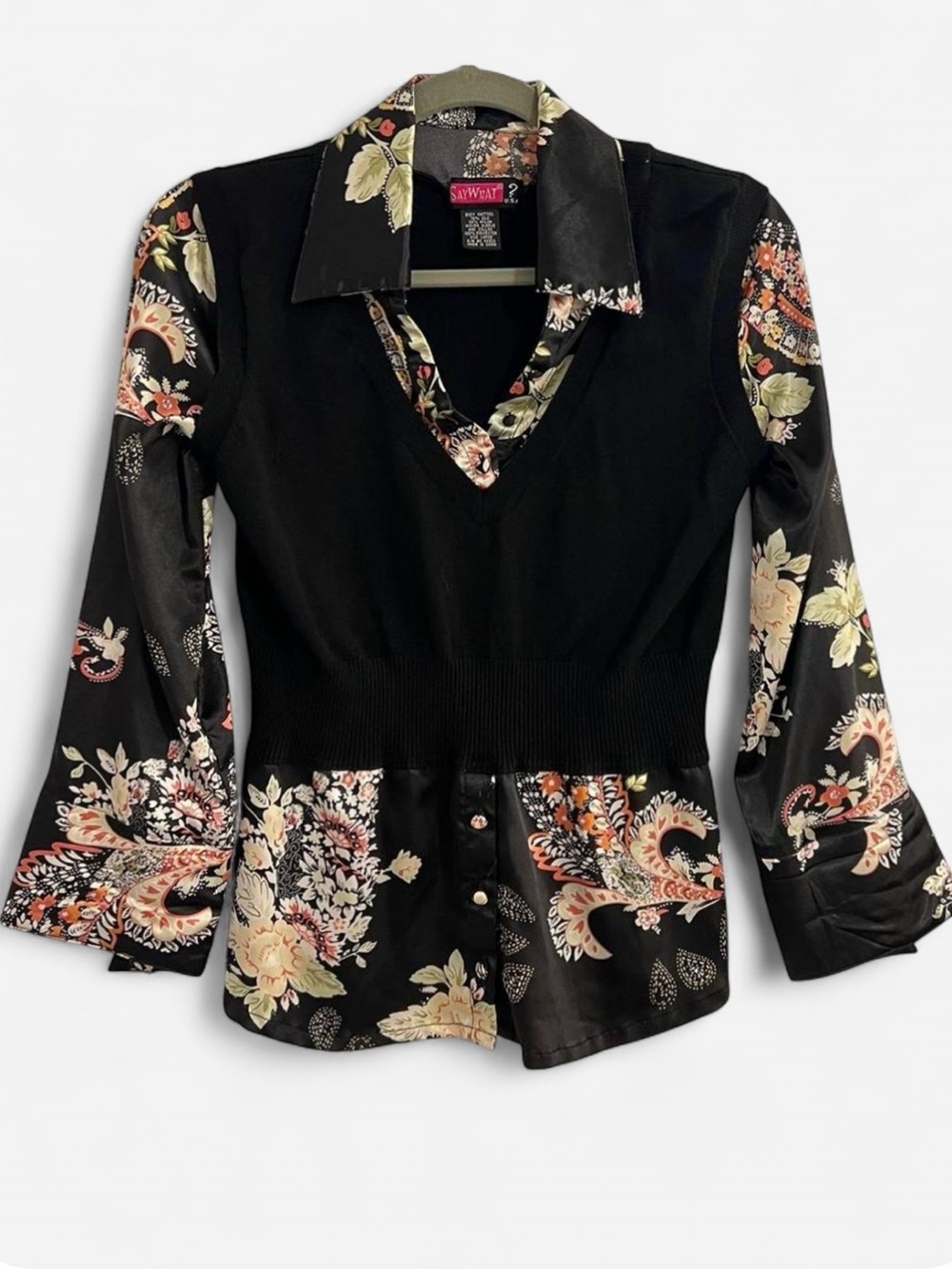 Say What? Layered Floral Top with Attached Knit Vest